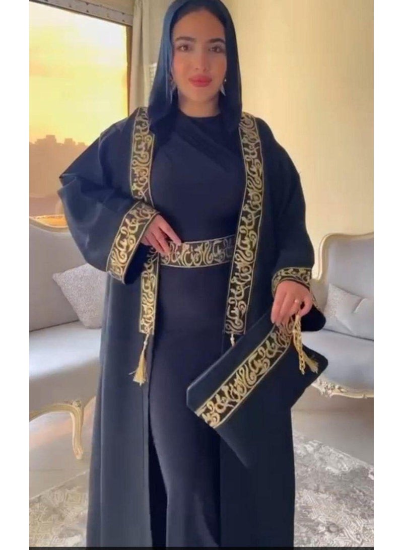 Luxurious women's Cardigan abaya with a gold embroidered Islamic pattern — a sophisticated and elegant design for special occasions and luxurious looks + belt and bag included as a gift. Add a touch of glamour and sophistication to your look. Code 4039 - Image 4